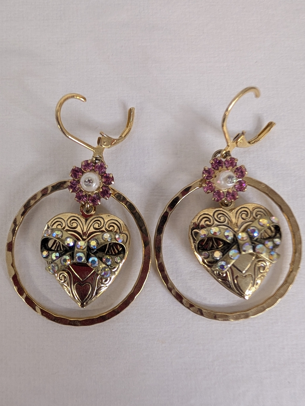 EARRINGS Gold Heart Locket Hoop  with Pink Crystal Flower Accent Locket Opens